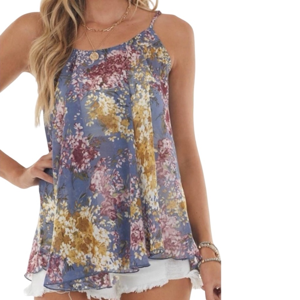 NWT Umgee Steel Blue Semi Sheer Multicolor Flowing Lightweight Tank Top